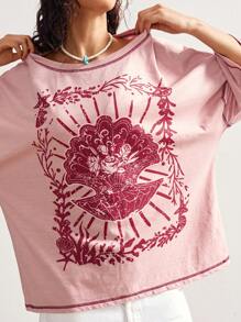 Bohemela Boho Casual Resort Style Shell Print Pattern Solid Color Knit Crew Neck Loose Washed Women T-Shirt - Pink - View 2