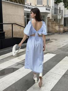 SHEIN Set de 2 piezas con Top sin espalda con lazo y abertura, y falda minimalista, conjunto elegante de estilo casual de verano con rayas tejidas, para adolescentes, para reuniones - Celeste - Ver 7