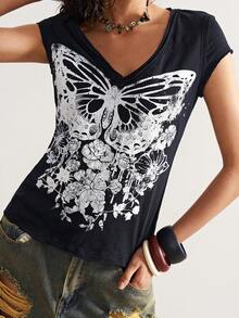 Bohemela Black V-Neck Short-Sleeved Washed Knit T-Shirt For Women - Black - View 5