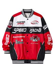 SHEIN Chaqueta informal de béisbol para adolescente con bloques de color, logotipo y estampado en inglés, manga larga con puño acanalado y tejido plano para abrigo, estilo urbano