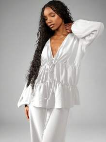 MISSGUIDED 亚麻质感阔腿裤 Co Ord 波西米亚风夏季度假装长袖分层衬衫阔腿裤秋季假日时尚 - 白色 - 查看 3