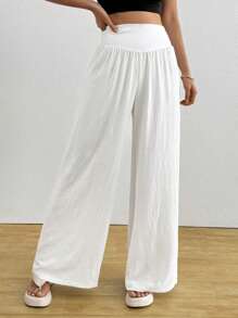 Roylia Women's Casual Solid Color Wide Leg Pants, Versatile - White - View 4