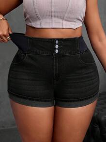 SHEIN SXY 女式加大弹力迷你牛仔短裤 - 黑色 - 查看 6