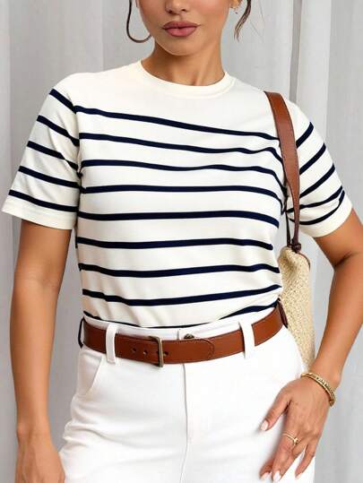 Vionelle Camiseta de mujer de talla grande, de cuello redondo, de manga corta, con rayas y diseño estampado