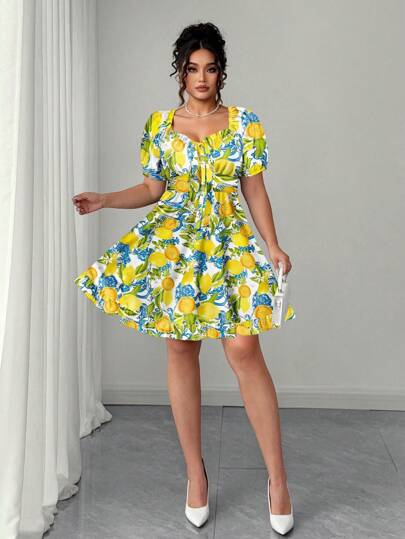 Elenzga Plus Size Women Elegant Woven Short Sleeve Lemon Digital Print Dress