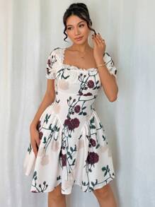 Elenzga 女士度假风方领泡泡袖花卉印花迷你连衣裙