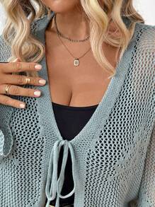 SHEIN LUNE Áo len cardigan nhẹ tay dài dệt kim rỗng rút dây màu trơn cỡ lớn cho nữ, áo khoác nhẹ mùa hè - màu xanh lá - Xem 4