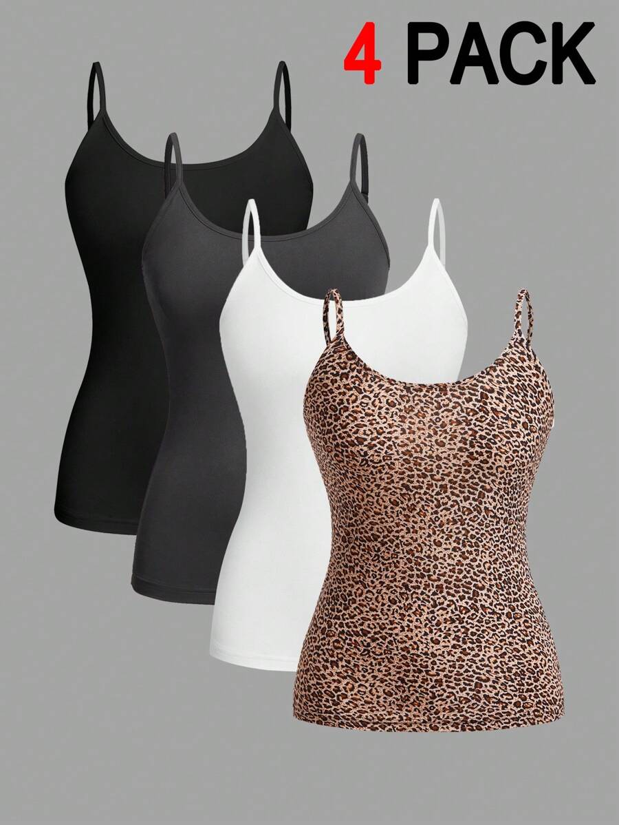 SHEIN EZwear 4件装加大码女式休闲紧身吊带背心，适合夏季穿着 - 彩色 - 查看 1