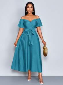 SOLERSUN 女士优雅露肩修身度假连衣裙，适合度假、日常生活和约会 - 水鴨藍 - 查看 3