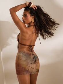 Opulessa 女士夏季扎染印花露背短款上衣和高开衩裙套装 - 鏽棕色 - 查看 5