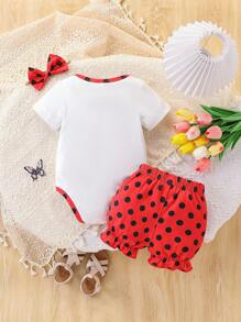Baby Girls Can Wear Cute, Fun, Simple And Casual Red Background Black Dot Ladybug Print Jumpsuit Set With Headband In Spring And Summer Baby Girl Summer Clothes Sets - Multicolor - View 2