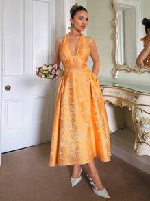 Glamine Charm 复古3D压花花卉V领无袖A字裙女装 - 橘色 - 查看 3