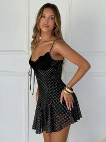 SHEIN EZwear 夏季黑色波点休闲度假细肩带迷你连衣裙 - 黑色 - 查看 3