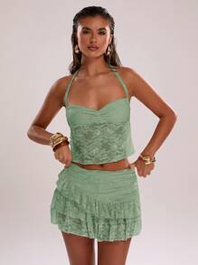 SHEIN BAE Completo donna con top alla halter in pizzo e minigonna in un unico colido