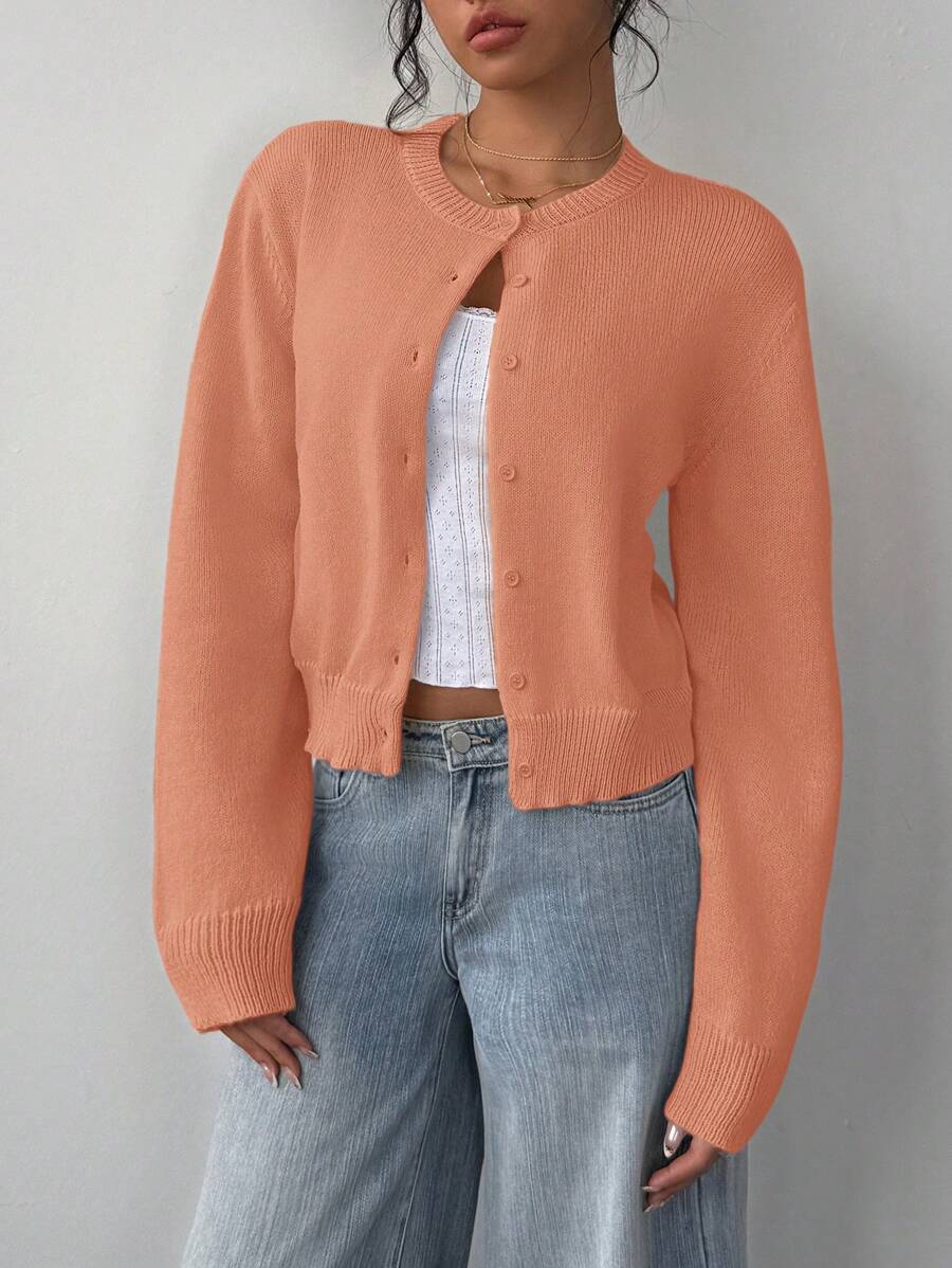 SHEIN BASICS Casual Solid Color Round Neck Long Sleeve Loose Cropped Women Knitted Cardigan,Tops For School In Fall/Winter - Orange - View 1