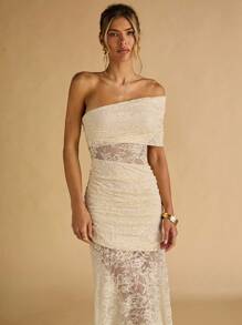 SHEIN BAE 春夏杏色精致蕾丝不对称露肩领半透明大码连衣裙优雅女士长裙，度假连衣裙，夏装，女士沙滩装，女士婚礼宾客礼服，女士生日礼服，黄色连衣裙 - 杏色 - 查看 6