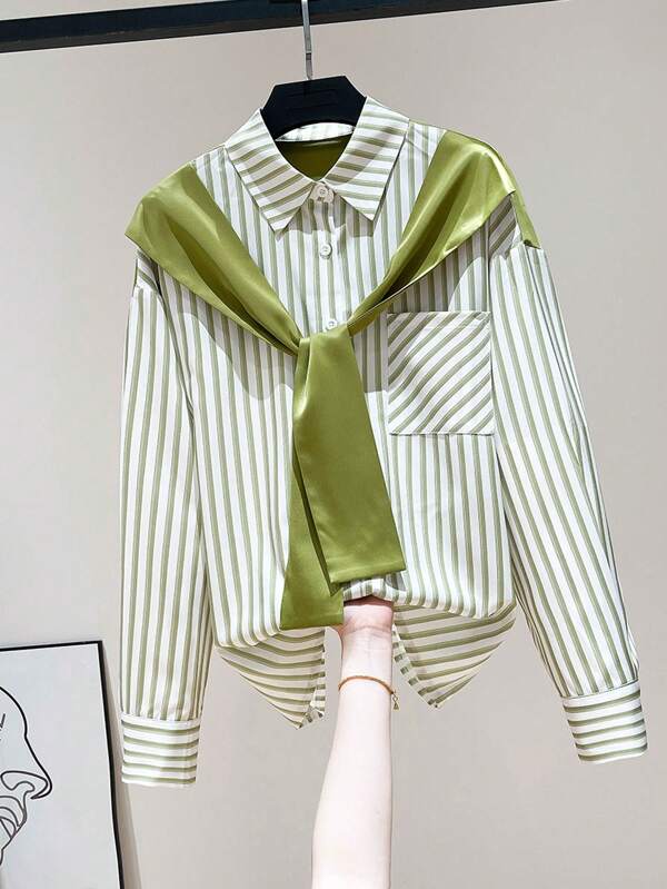 SHEIN Women's Casual Commuting Striped Patchwork Shirt Blouse