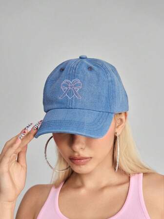 Kawaii Cute & Simple Bow Decor Romantic French Embroidery Adjustable Blue Baseball Cap For Women, Suitable For Daily Commute, Shopping, Vacation