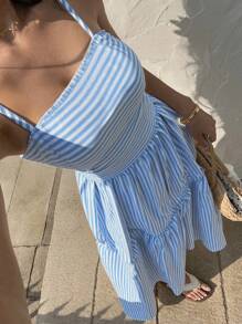 Sunnyshic Romantisches Midi-Sommerkleid für den Strandurlaub, mit blau gestreiften Rüschensäumen, taillieren Bund und Spaghettiträger