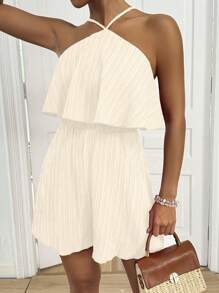 Breezaya Mono de mujer de unicolor de piqué con cuello halter, cintura con cordón y dobladillo con volantes