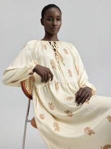 Ontre 2025 女式花卉印花波西米亚风格连衣裙，长袖，夏季