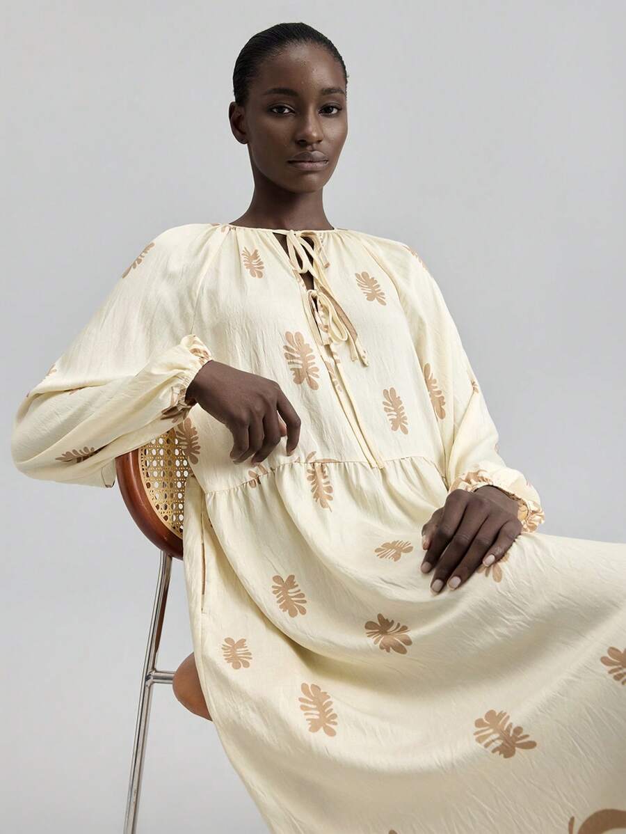 Ontre 2025 女式花卉印花波西米亚风格连衣裙，长袖，夏季