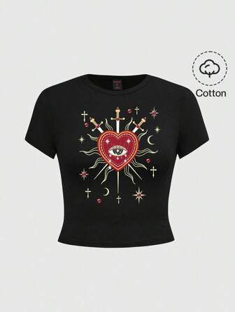 Goth Gothic Palace Elegant Heart Teardrop Eye Star Print T-Shirt Suitable For Going Out