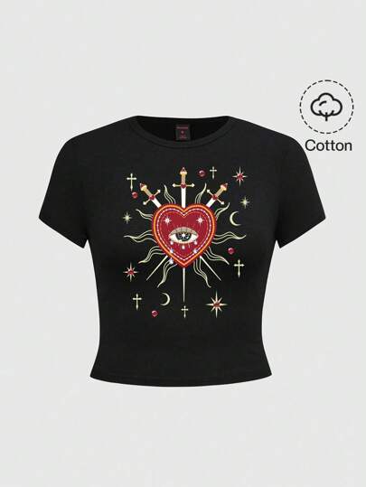Goth Gothic Palace Elegant Heart Teardrop Eye Star Print T-Shirt Suitable For Going Out