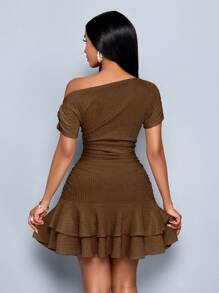 SOLERSUN Women's Elegant Party Daytime Apricot Knitted Asymmetrical Neck Neck Long Sleeves Gathered Double Ruffle Mini Dress - Coffee - View 2