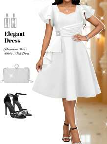 SHEIN Lady 女式纯色V领荷叶边袖优雅水钻腰中长连衣裙 - 白色 - 查看 4