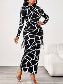 SHEIN Lady فستان نسائي أنيق وفاخر بنمط نمر وياقة قارب، أكمام طويلة وقصة ضيقة