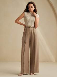 Anewsta 优雅知性棕色褶皱阔腿裤 - 咖啡棕 - 查看 7