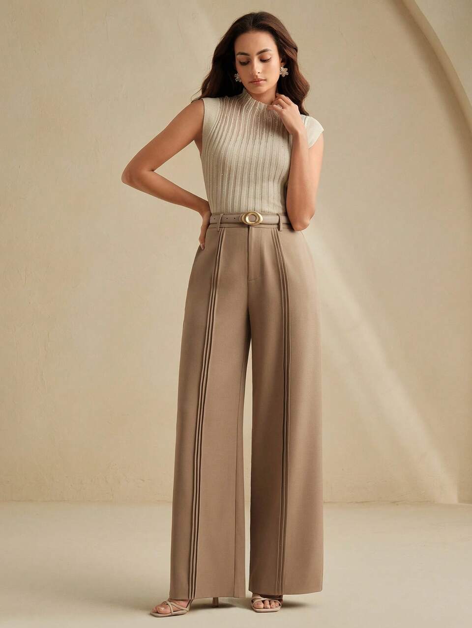 Elegant Intellectual Brown Wide Leg Pants With Pleated Design For Women