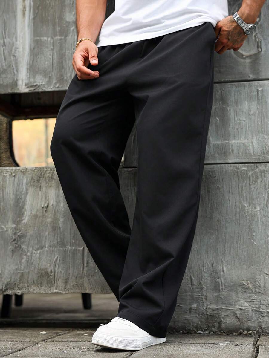Manfinity Homme Plus Size Men's Casual Solid Color Drawstring Sweatpants, Loose Straight Leg Casual Black Slacks Pants, Fall - Black - View 1