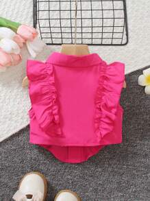 Cute Baby Pink Ruffle Collared Sleeveless Top For Girls - Hot Pink - View 2
