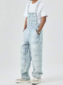 Manfinity Hypemode Men's Casual Jeans Overalls With Pockets And Frayed Hem Design - Light Wash - View 3
