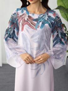 SHEIN Najma 热带植物印花圆领喇叭袖阿拉伯风格连衣裙 - 彩色 - 查看 7