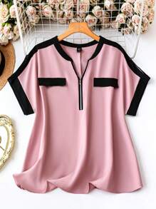 SHEIN LUNE 大码拼色无领喇叭袖衬衫黑白上衣黑白上衣 - 藕粉色 - 查看 1