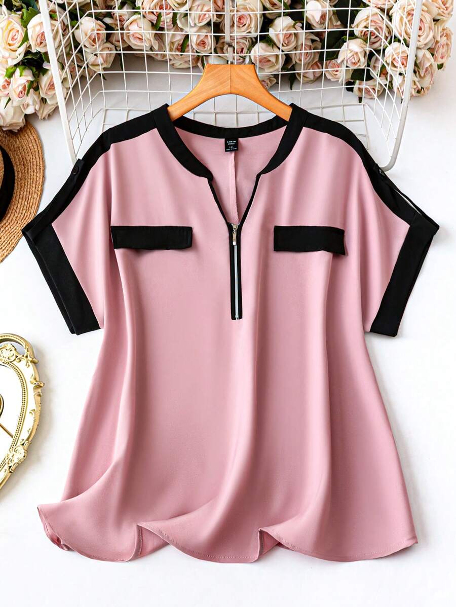 SHEIN LUNE 大码拼色无领喇叭袖衬衫黑白上衣黑白上衣 - 藕粉色 - 查看 1