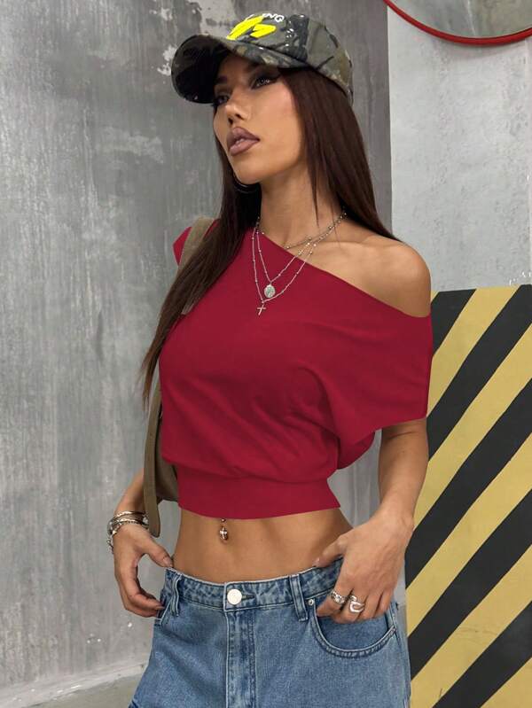 StreetHx Tricou scurt, sexy, cu decolteu asimetric, croială slim fit, casual