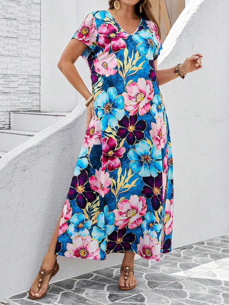 Plus Size Floral All-Over Print Casual Vacation Dress,Country Casual Vacation Outfits Woman,Simple And Fashionable For Everyday Wear,Summer Tops Women,Summer Outfits For Women,Vacay Outfits Women,Maxi Dress,Gifts For Mother,Bohemian Clothes,Springbreak,Rave Outfits