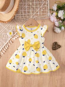 Đầm dài tay in họa tiết quả chanh dễ thương cho bé gái sơ sinh, họa tiết hoạt hình nơ ngọt ngào, thích hợp cho mùa thu/đông - Nhiều màu - Xem 2