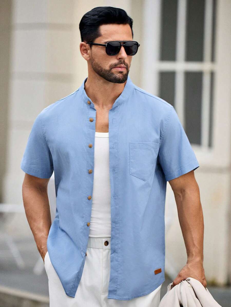 Manfinity VCAY Men's Woven Shirt With Pockets, Button Front And Short Sleeves - Blue - View 1