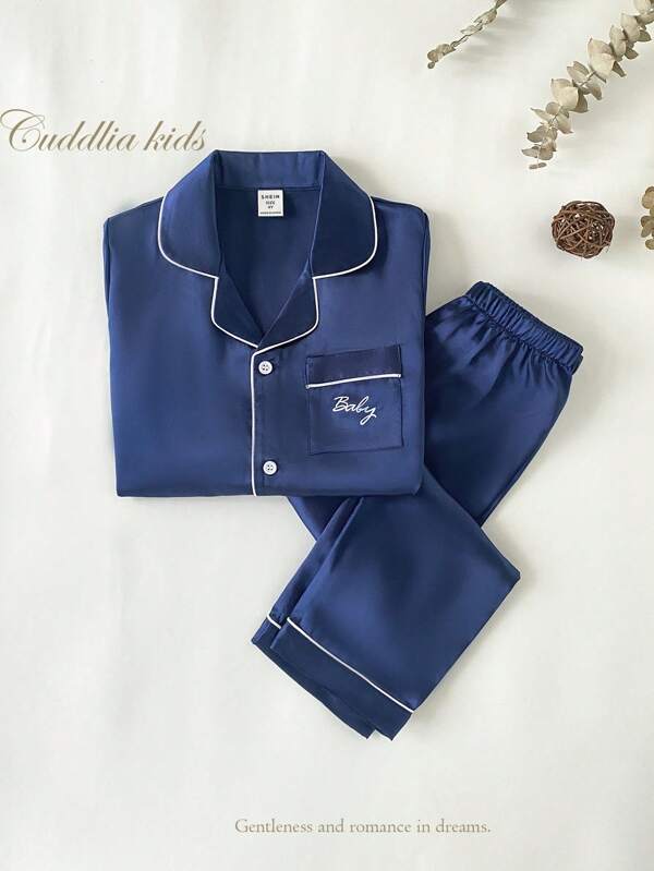 2pcs/Set Boys Navy Solid Color Printed Short Sleeve T-Shirt And Pants Sleepwear Set, Suitable For Summer Satain Pajamas