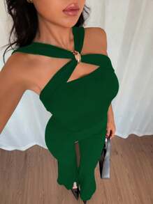 Gloray Low-Cut Criss-Cross Metal Buckle Decor Halter Neckline Sexy Bodycon Jumpsuit - Dark Green - View 3