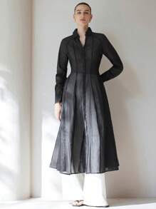 Aveloria Modichic 优雅、性感、迷人的半透明纹理面料 V 领长袖收腰衬衫裙，泡泡袖、褶饰细节和 A 字形喇叭裙 - 黑色 - 查看 6