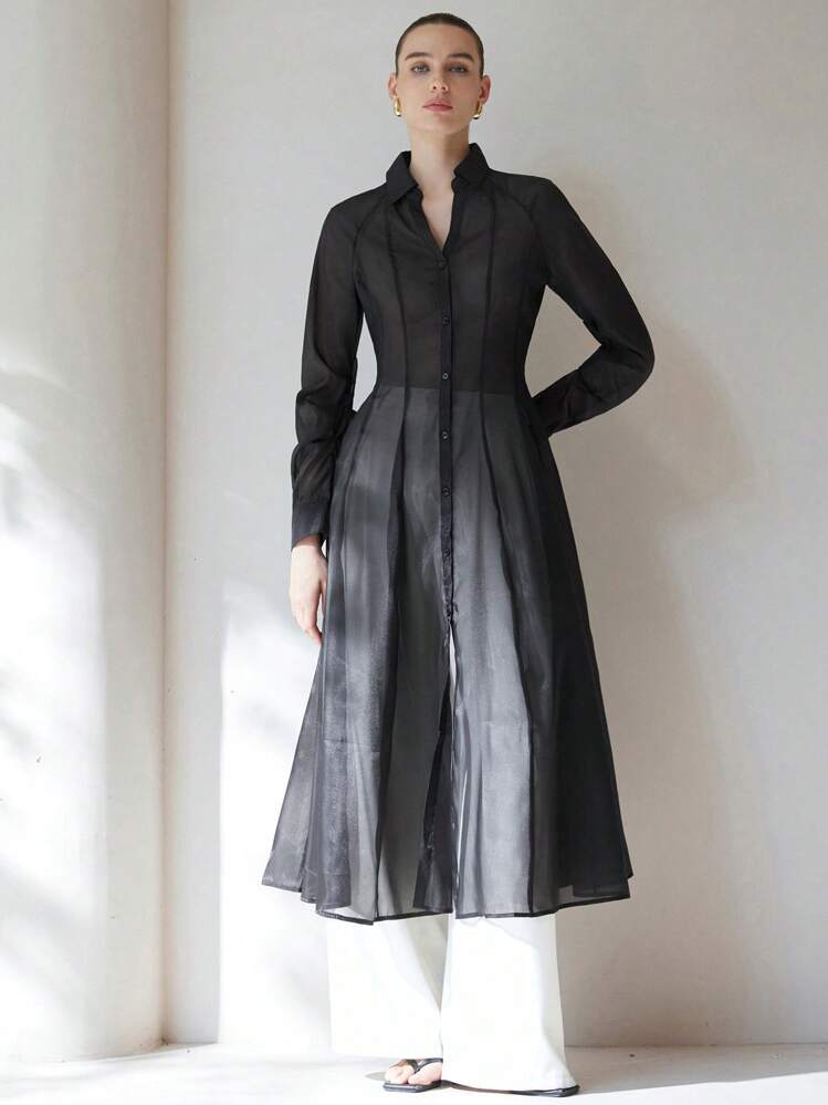 Aveloria Modichic Elegante, sexy y encantador vestido camisero con cuello en V, mangas largas abullonadas, cintura drapeada, detalles plisados y falda evasé en tela traslúcida con textura - Negro - Añade 6