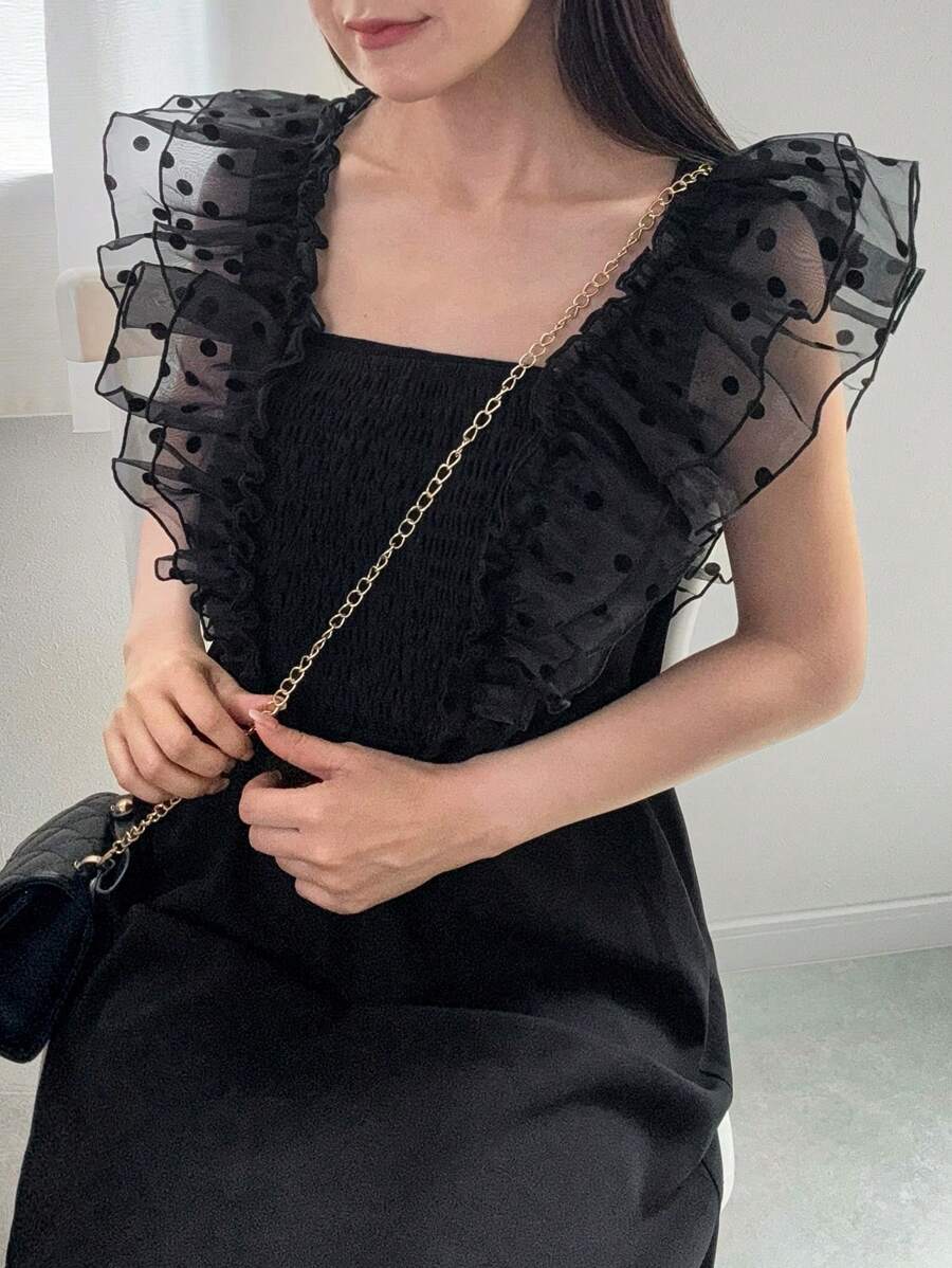 FRIFUL 女式蕾丝圆点拼接盖袖荷叶边下摆可调节肩带腰部纯色连衣裙 - 黑色 - 查看 1