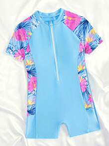 SHEIN Blue Tween Girls One-Piece Knit Color Block Zipper Rash Guard Swimsuit,Short Sleeve Kids Swim Romper Suitable For Summer,Casual,Beach,Vacation,Holiday - Multicolor - View 5