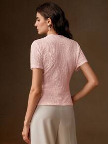 Anewsta Essential 夏季、优雅、度假、节日、海滩、节日、Oldmoney 春季优雅休闲女士针织纹理抗皱百搭杏色短袖 T 恤 - 粉色 - 查看 2